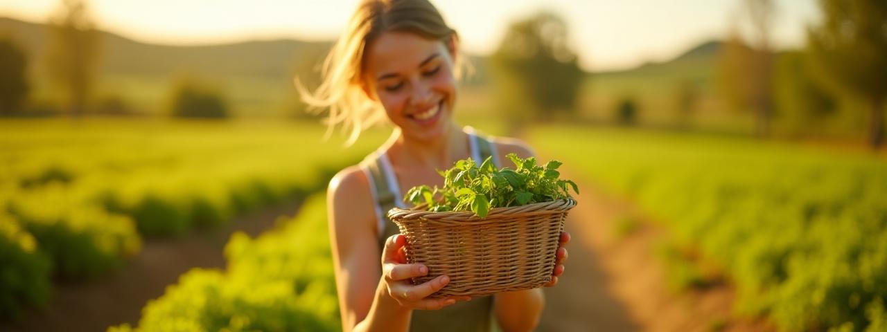 Eine junge Frau pflückt Kräuter auf einem Bio-Bauernhof bei Sonnenuntergang