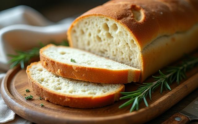 Rustikales Brot mit frischen Kräutern auf einem Holztisch