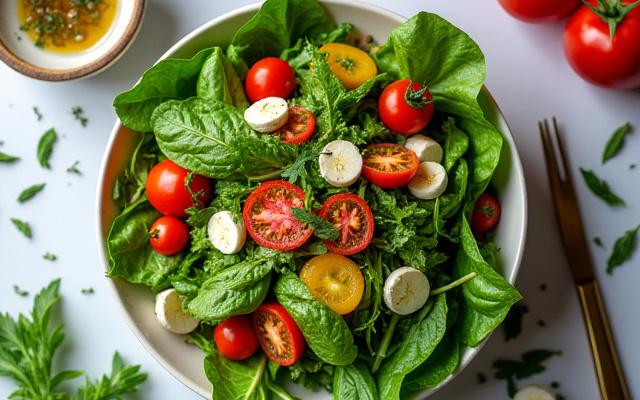 Frischer Bio-Salat mit Kräutern und Essig-Öl-Dressing