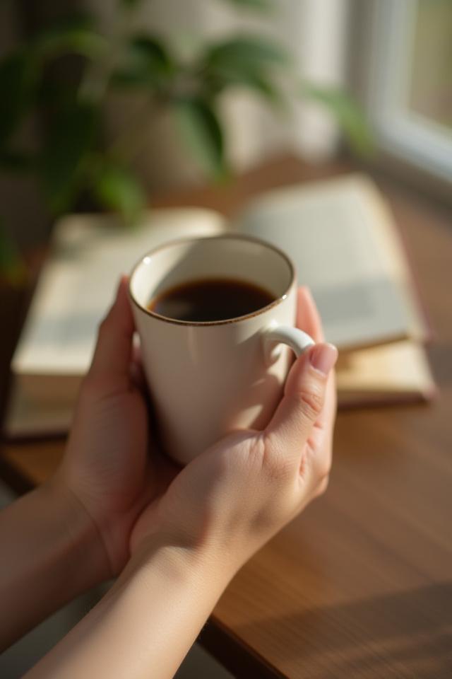 Person genießt Kaffee in einem gemütlichen, natürlichen Ambiente