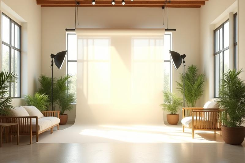 Ein freundlicher Studio-Arbeitsbereich mit natürlichen Pflanzen und einem warmen Lichtstrahl, der das Konzept von Basil & Beam symbolisiert.